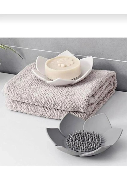 Elite Gri Lotus Desenli Sabun ve Sünger Tutacağı Silikon Su Giderli Lotus Şekilli Şık Katı Sabunluk 1 Adet 1 Adet