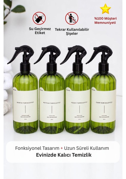 Elite Banyo Mutfak Yüzey Cam Temizleyici Etiketli Spreyli Plastik Şişe Seti 4'lü Yeşil Sabunluk 500 ml 1 Adet