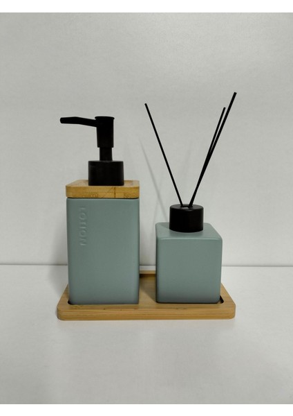 Elite Bambu Tepsili 2 Li Banyo Seti Seramik ( 16 cm Tabak Boy , 17 cm Sabunluk Boy 7 cm Kokuluk Boy ) 1 Adet