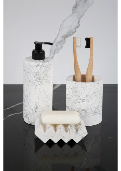 Elite 3 Parça Mermer Desenli Beton Banyo Seti Sıvı Sabunluk Diş Fırçalığı Katı Sabunluk 1 Adet
