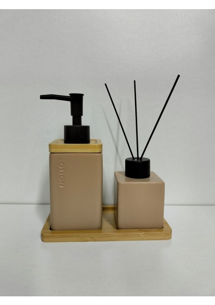 Elite Bambu Tepsili 2 Li Banyo Seti Seramik ( 16 cm Tabak Boy , 17 cm Sabunluk Boy 7 cm Kokuluk Boy ) 1 Adet