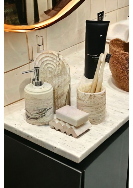 Elite Mermer Serisi Bej Banyo Seti ,sıvı Sabunluk Diş Fırçalığı Beton Aksesuar Takım 1 Adet