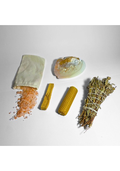 Elite Enerji Seti Adaçayı Demet Tütsü, Deniz Kabuğu, Palo Santo, Balmumu, Kese Içinde Kaya Tuzu 1 Adet