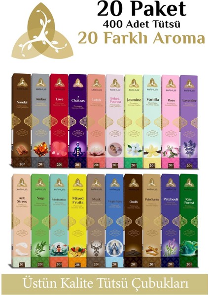 Elite 20 Paket 400 Adet Tütsü, 20 Farklı Aroma 1 Adet