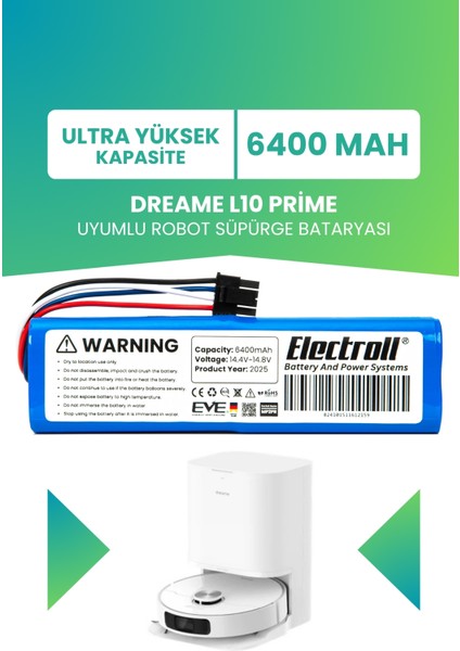 Dreame L10 Prime Uyumlu Batarya (Ultra Yüksek Kapasite) 6400MAH Robot Süpürge Bataryası