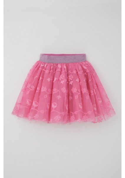 Kız Çocuk Tütü Etek Çiçek Nakışlı Beli Lastikli Simli 5-10 Yaş, Pembe