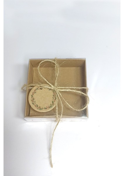 Elite Kraft Etiket Çiçek Baskılı, Kraft Asetat Kapaklı Kutu,15 Adet Ipli Hediyelik Kutusu Set ( 8X8X3 cm ) 1 Adet