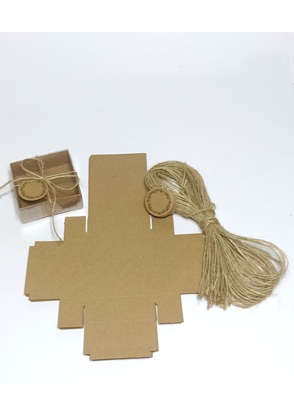 Elite Kraft Etiket Çiçek Baskılı, Kraft Asetat Kapaklı Kutu,15 Adet Ipli Hediyelik Kutusu Set ( 8X8X3 cm ) 1 Adet