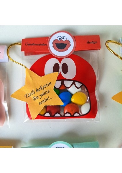 Elite 20 Adet Karne Hediyesi-Renkli Sevimli Canavar Paketlemeli Bonibon ve Yıldız Sticker-Doğum Günü 1 Adet