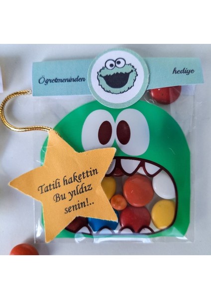 Elite 20 Adet Karne Hediyesi-Renkli Sevimli Canavar Paketlemeli Bonibon ve Yıldız Sticker-Doğum Günü 1 Adet