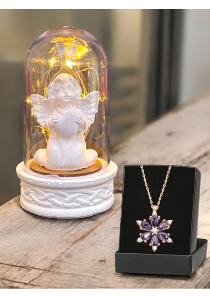 Elite LED Işıklı Beyaz Melekli Fanus & Çiçekli Kolye | Sevgiliye Hediye | Doğum Günü Hediyesi 1 Adet