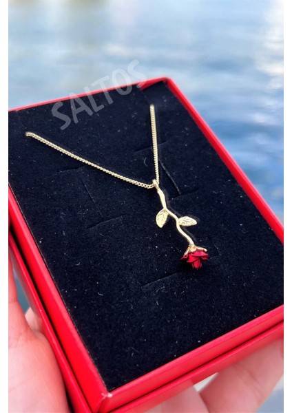 Elite Kırmızı Güllü Gold Kolye Küpe Seti Hediyesi Doğum Günü Hediyesi Gül Kolye Küpe 1 Adet