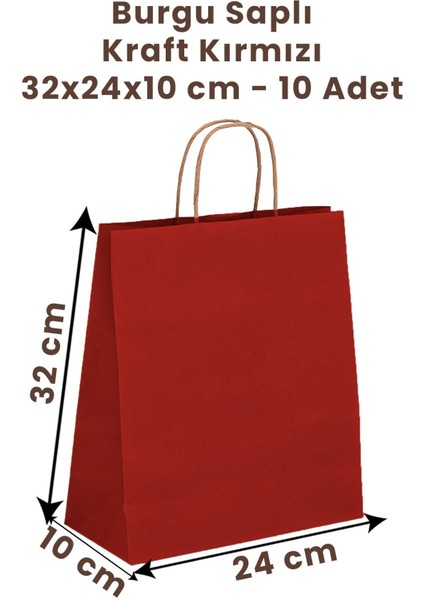Elite Kırmızı Kraft Burgu Saplı Kağıt Alışveriş Çanta 10 Adet - 32X10X24CM (Karton) (Alışveriş, Hediyelik) 1 Adet