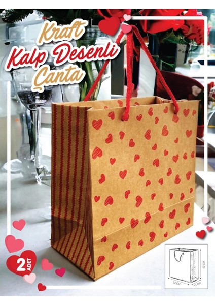 Elite Kraft Karton Çanta Kırmızı Kalp Desenli Hediye Paketi Çanta Poşet 2'li 22*22*11CM -T889 1 Adet