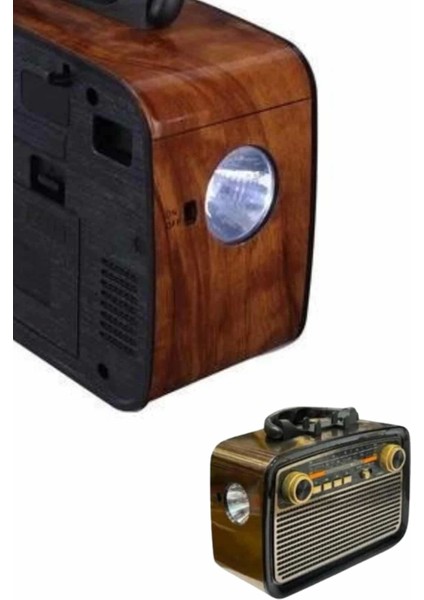 Nostaljik Görünümlü Ahşap Radyo Tf Sd USB Girişli LED Fener Işıklı