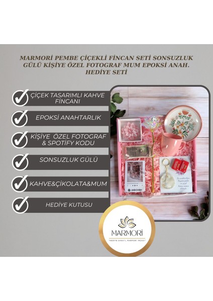 Elite Pembe Çiçekli Fincan Seti Sonsuzluk Gülü Kişiye Özel Fotograf Mum Epoksi Anah. Hediye Seti 1 Adet indirimleri