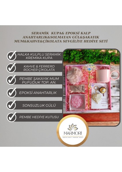 Elite Seramik Kupa& Epoksi Kalp Anahtarlık&solmayan Gül&şakayık Mum&kahve&çikolata Sevgiliye Hediye Seti 1 Adet