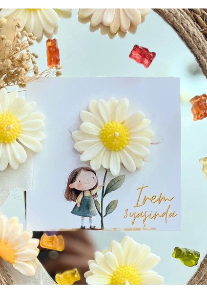 Elite 10 Adet Özel Tasarlanmış Kart ve Papatya Mum. Bebek Doğum, Babyshower, Doğum Günü, Hediyelik 1 Adet