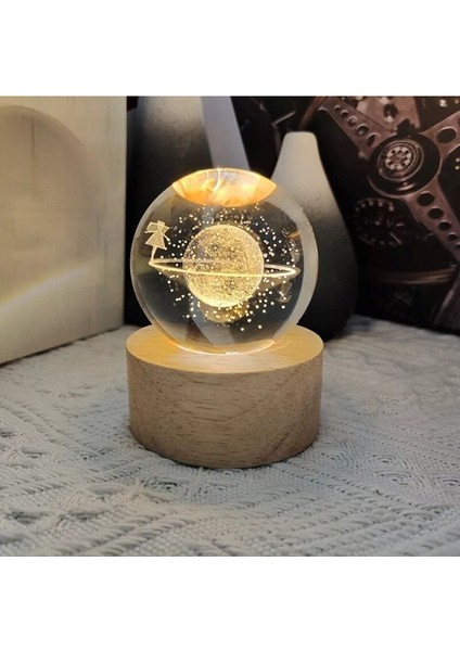 Elite Dekarasyon Işıklı Ahşap Standlı Satürn Kız Cam Küre, USB Kablolu Saturn Cam Küre 6 cm 1 Adet modelleri