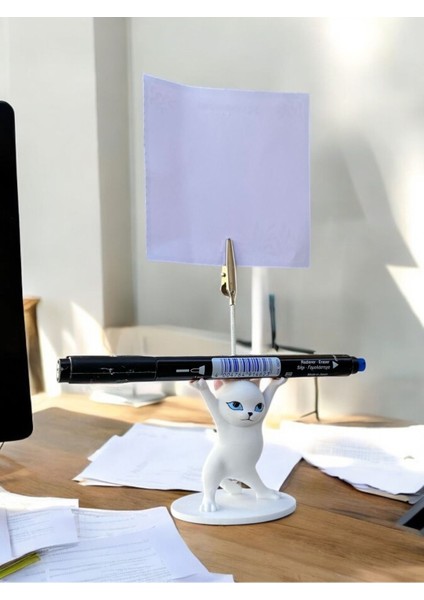Elite Mavi Gözlü Beyaz Renk Kalem Tutabilen Dansçı Kedi Fotoğraf Not Tutacağı Ofis Masası Hediyelik 1 Adet
