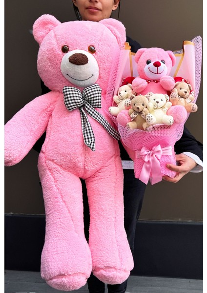 Elite Hediye Sevgiliye 90CM Pembe Ayıcık ve Büyük Ayıcıklı Ayıcık Buketi Peluş Buket 14 Şubat Hediyesi 1 Adet modelleri