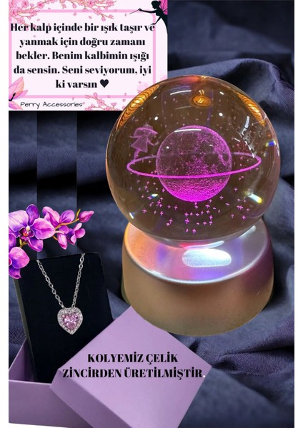 Elite 3D Satürn Kız Renk Değiştiren Kar Küresi ve Pembe Çelik Kalp Kolye Öğretmenler Doğum Günü 1 Adet