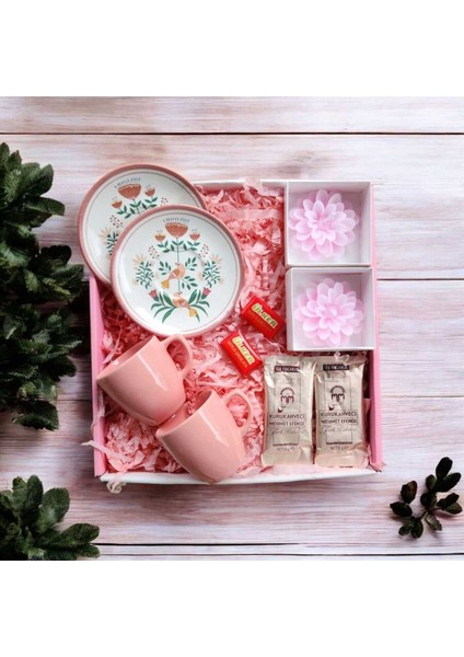 Elite Ikili Pembe Kuş Çiçek Motifli Kahve Fincan Takımı Mumlu Kahveli Çikolatalı Hediye Seti 1 Adet