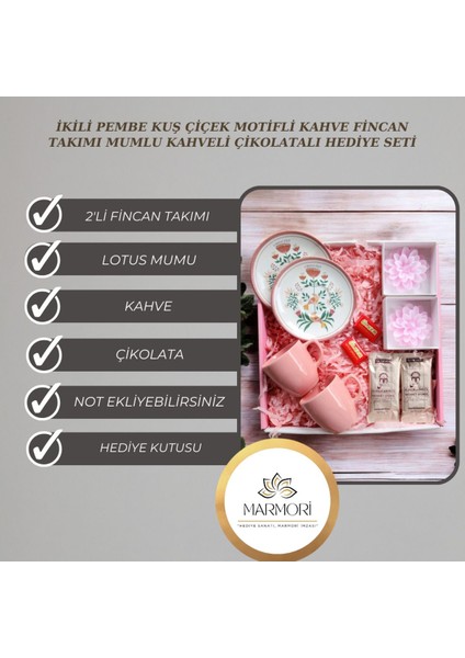Elite Ikili Pembe Kuş Çiçek Motifli Kahve Fincan Takımı Mumlu Kahveli Çikolatalı Hediye Seti 1 Adet