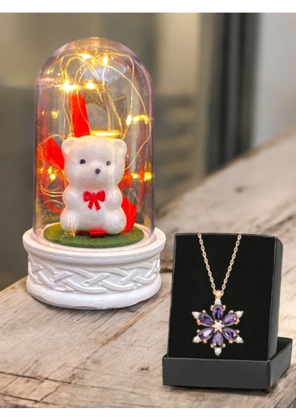 Elite LED Işıklı Beyaz Ayıcıklı Fanus & Çiçekli Kolye | Sevgiliye Hediye | Doğum Günü Hediyesi 1 Adet
