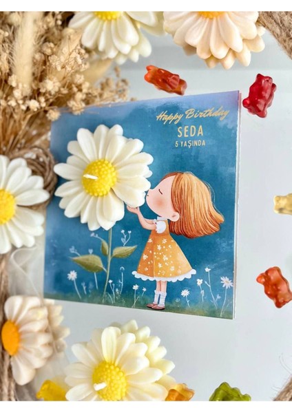 Elite 10 Adet Özel Tasarlanmış Kart ve Papatya Mum. Bebek Doğum, Babyshower, Doğum Günü, Hediyelik 1 Adet