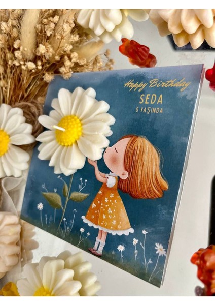 Elite 10 Adet Özel Tasarlanmış Kart ve Papatya Mum. Bebek Doğum, Babyshower, Doğum Günü, Hediyelik 1 Adet