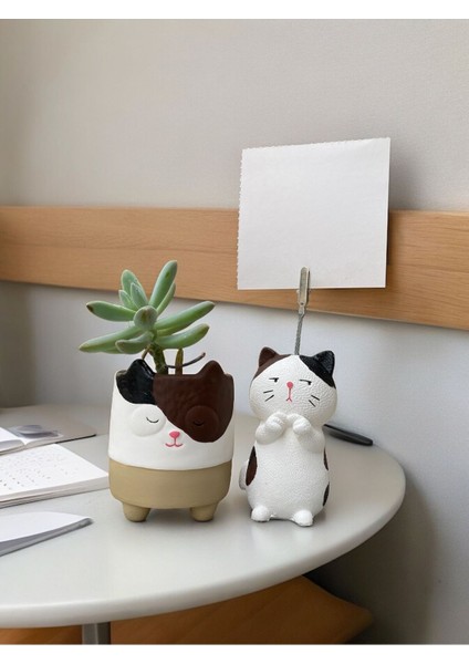 Elite Utangaç Kedi Temalı Not Tutucu ve Kedi Saksı Seti Hediyelik Ofis Seti 1 Adet
