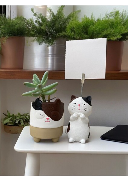 Elite Utangaç Kedi Temalı Not Tutucu ve Kedi Saksı Seti Hediyelik Ofis Seti 1 Adet