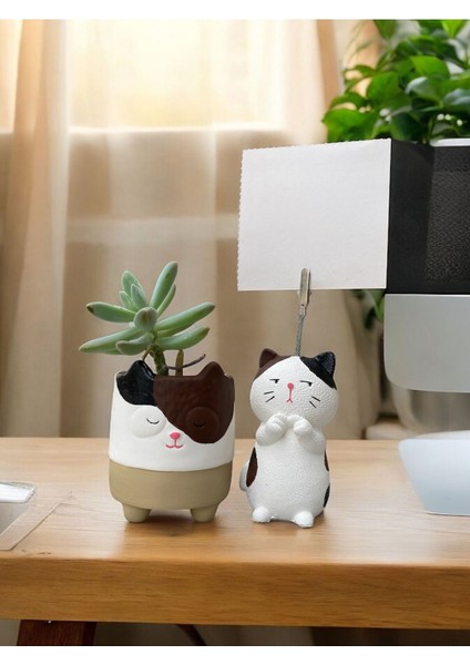 Elite Utangaç Kedi Temalı Not Tutucu ve Kedi Saksı Seti Hediyelik Ofis Seti 1 Adet
