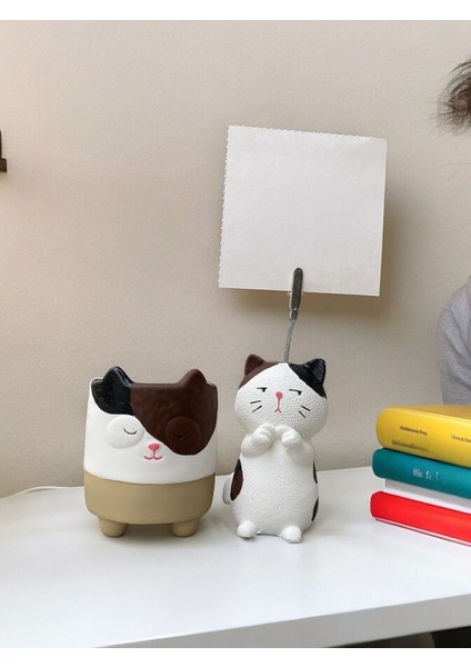 Elite Utangaç Kedi Temalı Not Tutucu ve Kedi Saksı Seti Hediyelik Ofis Seti 1 Adet
