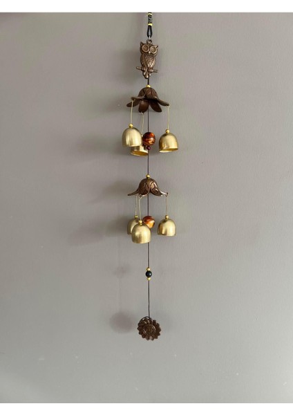 Elite Feng Shui Baykuş ve Güneş Figürlü Çift Katlı Metal Rüzgar Çanı - 60 cm Uzunluk 1 Adet