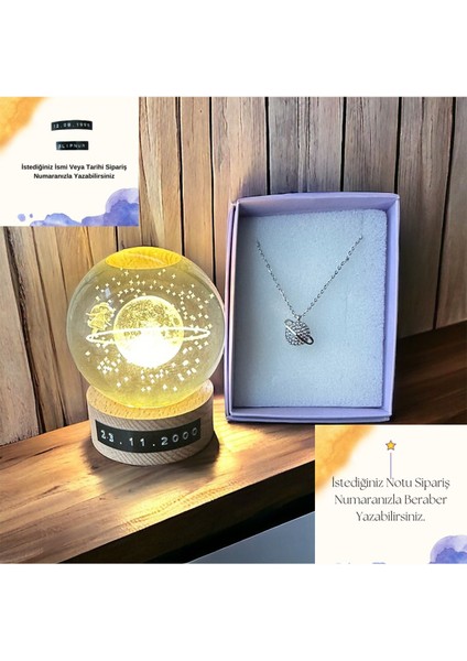 Usbli Isme Özel LED Işıklı Ahşap Gövde Cam Satürn Kız Küre Sevgiliye Hediye Gümüş Renk Zirkon Kolye 1 Adet
