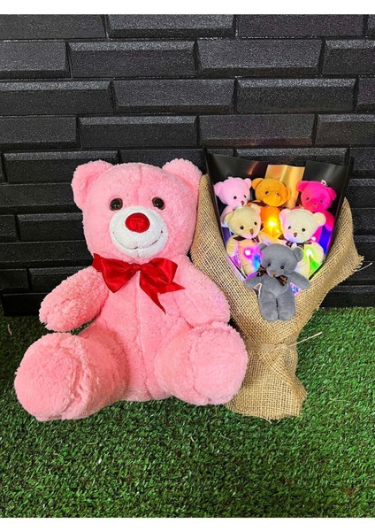 Kadina Hediye 35CM Pembe Ayıcık ve Rengarenk Işıklı 6lı Ayıcık Buketi 1 Adet fiyatları