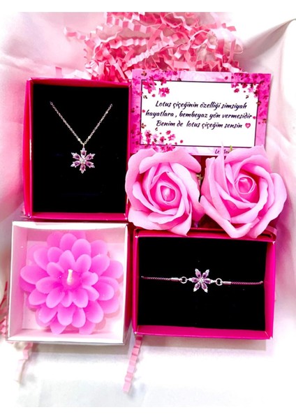 Kararmaz Çelik Pembe Lotus Kolye,bileklik ,mum ve Kokulu Pembe Gül Hediye Sepeti Sevgiliye Set 1 Adet