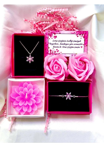 Kararmaz Çelik Pembe Lotus Kolye,bileklik ,mum ve Kokulu Pembe Gül Hediye Sepeti Sevgiliye Set 1 Adet