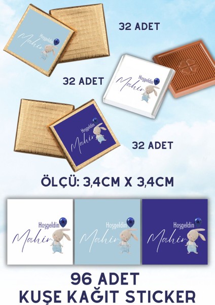 Elite Erkek Bebek Tavşan Desen Hediyelik Etiket Seti - Sticker - Çikolata Kolonya Kutu Etiketi 1 Adet modelleri