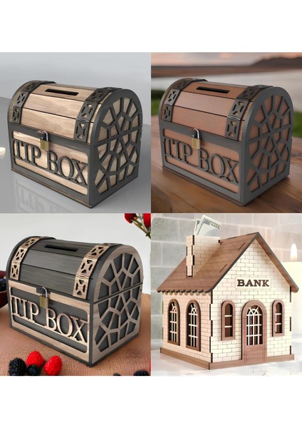 Klitli Ahşap Tip Box Bahşiş Kutusu ve Kumbara Sandık Tipi Tipbox Hediyelik Tipbox Kumbara Seç 1 Adet