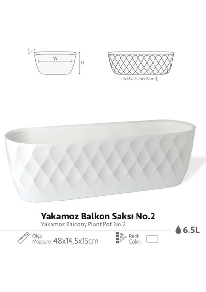 Elite 6,5 Lt Yakamoz Balkon Saksısı Hazneli Baklava Desenli Plastik Saksı 2 No 48 cm 1 Adet