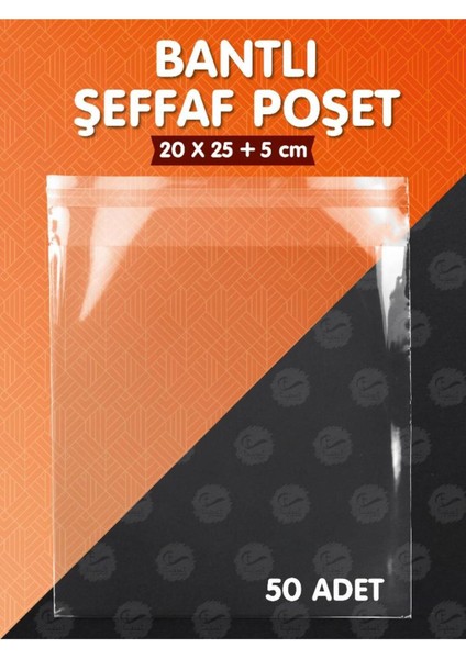 Elite Bantlı Şeffaf Poşet (20X25+5CM) 50 Adet Parlak Jelatin Paket Hediye Poşeti -T1019 1 Adet