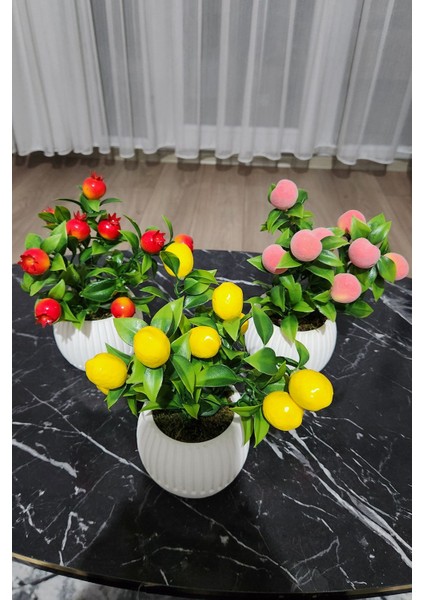 Elite Anneler Günü Modern Beton Saksıda 3'lü Set Nar Şeftali Limon Saksıda Yapay Meyve Ağacı 1 Adet
