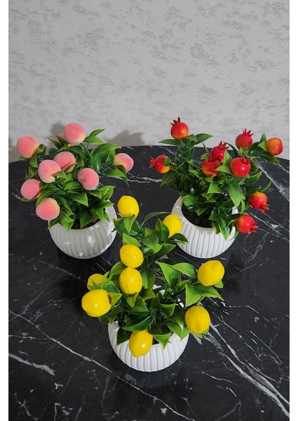 Elite Anneler Günü Modern Beton Saksıda 3'lü Set Nar Şeftali Limon Saksıda Yapay Meyve Ağacı 1 Adet