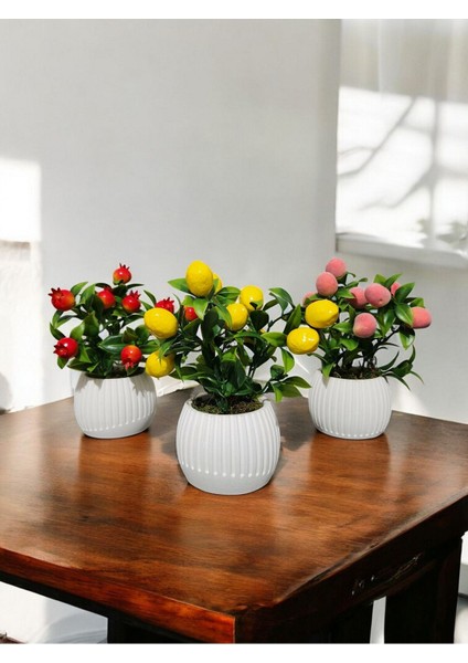 Elite Anneler Günü Modern Beton Saksıda 3'lü Set Nar Şeftali Limon Saksıda Yapay Meyve Ağacı 1 Adet
