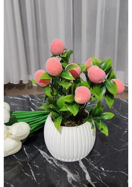 Elite Anneler Günü Modern Beton Saksıda 3'lü Set Nar Şeftali Limon Saksıda Yapay Meyve Ağacı 1 Adet