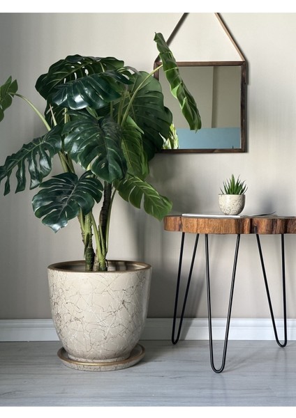 Elite 40LITRE Klasik Saksı Tabaklı 40CMX40CM Lily Taş Gold Beyaz 1 Adet
