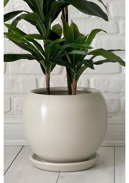 Elite 10LITRE Küre Saksı Tabaklı 23CMX23CMX21CM Ekru Renk 1 Adet